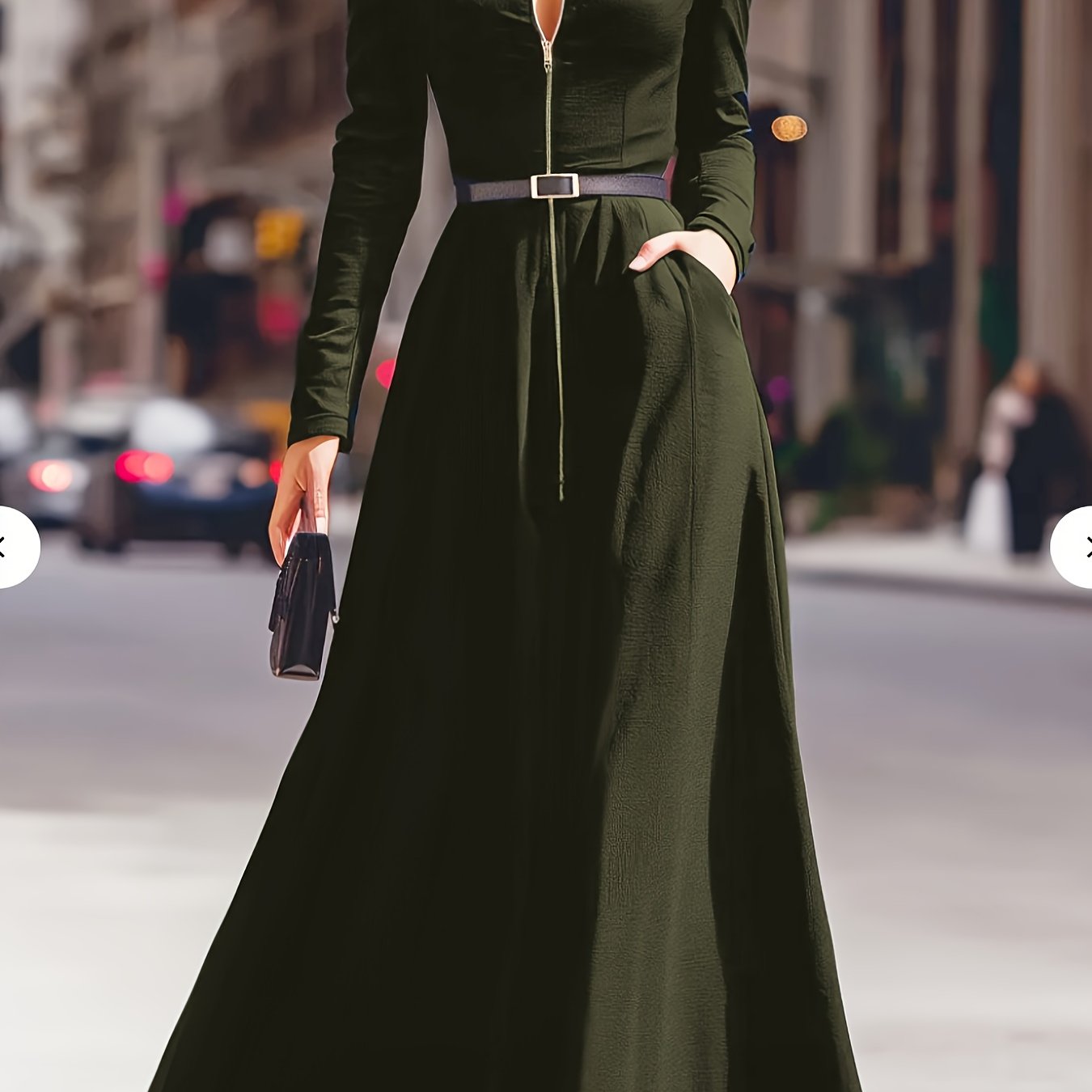 Elegant Women's Dress with a Lapel, Long Skirt, Long Sleeves, Zipper Details, Advanced Tailoring, Waist Cinching,, Flared Design, Fashionable, Elegant, Full of Aura, Queen-like Style, Suitable for Autumn Dates, Parties, Dinne