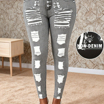 [Printed Pants - Not Denim Fabric] Printed Legging - Not Denim Fabric - Christmas Plus Size Women's Digital Print Denim-Look Leggings, Stretch Polyester, All-Season Casual Slim-Fit Pants, Regular Fit, Adult Sizes, Machine Was