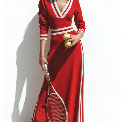 Women'S Red Long Dress Featuring White Accents in a Vintage Design, Ideal for Casual Outings, Fashionable Streetwear, And Distinctive Styling Events