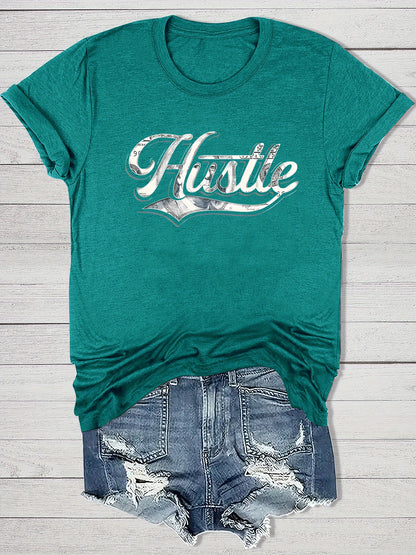 Women'S Casual "Hustle" Graphic Tee - Red Short Sleeve Round Neck T-Shirt with White Artistic Lettering, Lightweight Polyester Blend, Relaxed Fit for Spring & Summer, Casual Summer Wear | Comfortable Fit