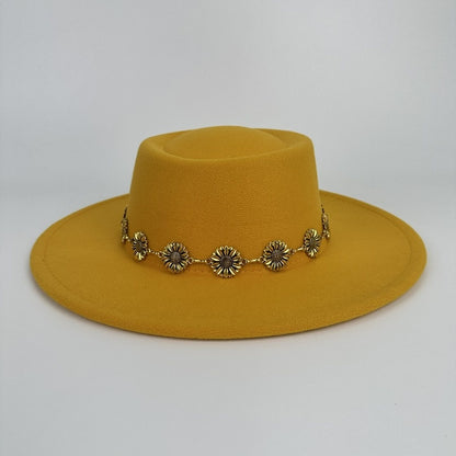 1pc Bohemian-style Unique and Fashionable Felt Hat - Decorated with Exquisite Golden Flower Chain Fedora Hat - Suitable for Daily Street Style, Music Festival Outfits, Bohemian-inspired Looks, Casual Outings and Trendy Season