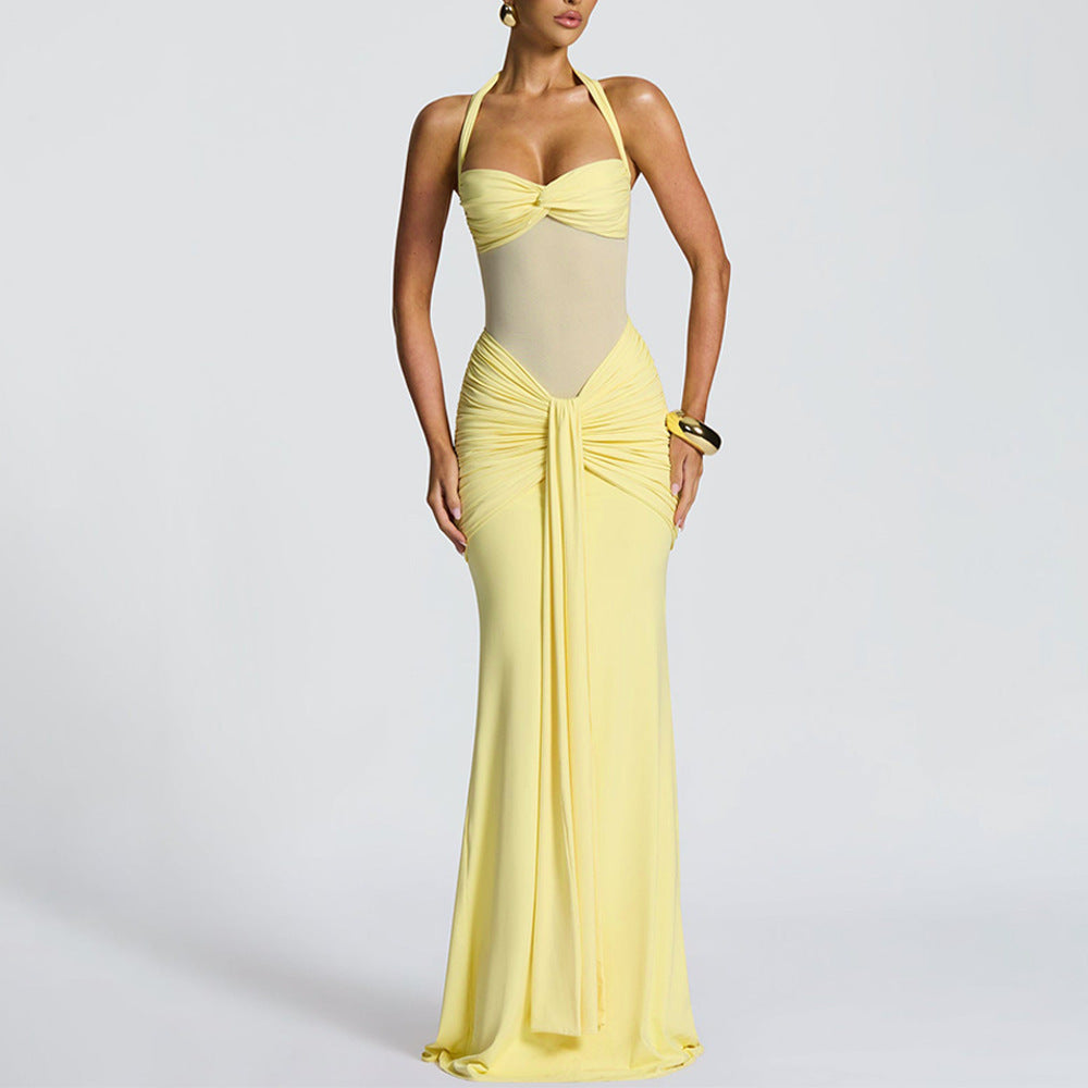 Women's Elegant Ruched Halter Neck Maxi Dress, Slim Fit Summer Party Dress