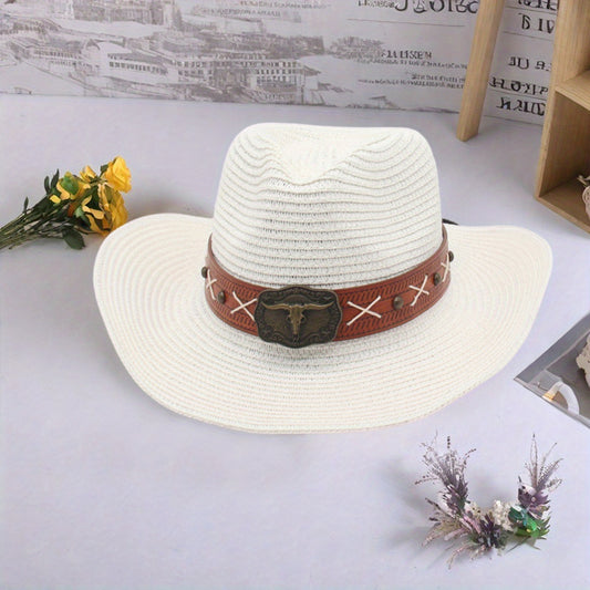 Men Women Straw Cowgirl Hat Wide Brim Stylish Bull Head Leather Belt Design Western Cap for Beach Daily Life Party