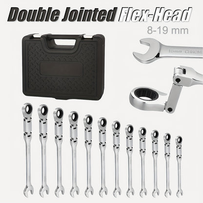 12pcs PMMJ Ratchet Wrench Set - Double Jointed, Flex-Head, Metric 8-19mm, 72-Teeth, 12-Point, Chrome Vanadium Steel, Foldable Design, with Storage Box, for Auto, Motorcycle, Bicycle Repair / Mechanical Maintenance, Durable &