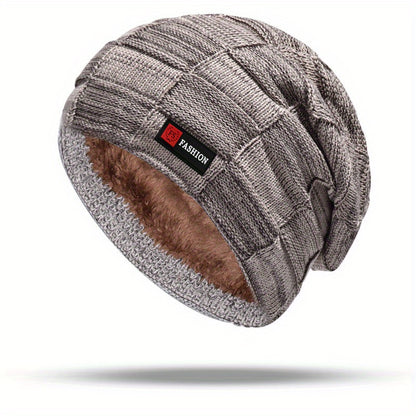 Men's Black Cable-Knit Winter Hat with Ear Flaps & Red Label-Like Patch - Soft Warm Beanie for Cold Weather, Durable Textile Material, Versatile for Sports & Everyday Use - Ideal Gift for Men (Hand Wash/Dry Clean)