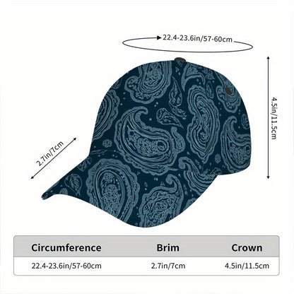 1pc Teal Paisley Swirl Art Print Classic Baseball Cap - Adjustable, Lightweight, Stylish Duckbill Hat for Men, Perfect for Sports & Casual Attire, Everyday Headwear | Funky Style Cap | Lightweight Hat