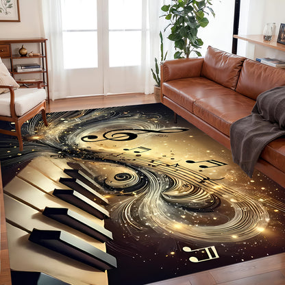 Elegant Musical Note Area Mat - Lightweight, Easy to Clean Polyester Floor Mat with Golden Treble Clef Design for Living Room, Bedroom, Dining Room, Home Office, Bathroom Decor - Perfect Gift for Music Lovers, Music Room Deco