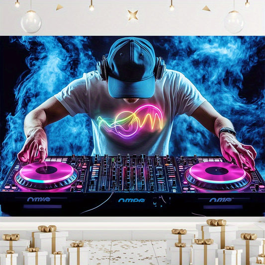 Dynamic Music Event Decor - 1pc DJ Mixing Console with Neon Lighting - Polyester Banner for Home & Party Background - 90.555x70.8 Inch - Vibrant Blue & Pink Design - Perfect for DJs, Clubs, and Events, DJ Accessories