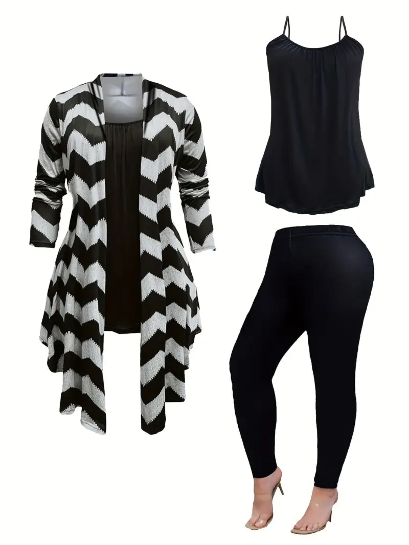 Women's 3pcs Chevron Striped Winter Set - Asymmetric Cardigan, Camisole Top & Leggings Pants | Black & White Contrast Matching Outfit for Fall/Winter, Casual to Dressy Wear, Hand Washable Coordinated Ensemble