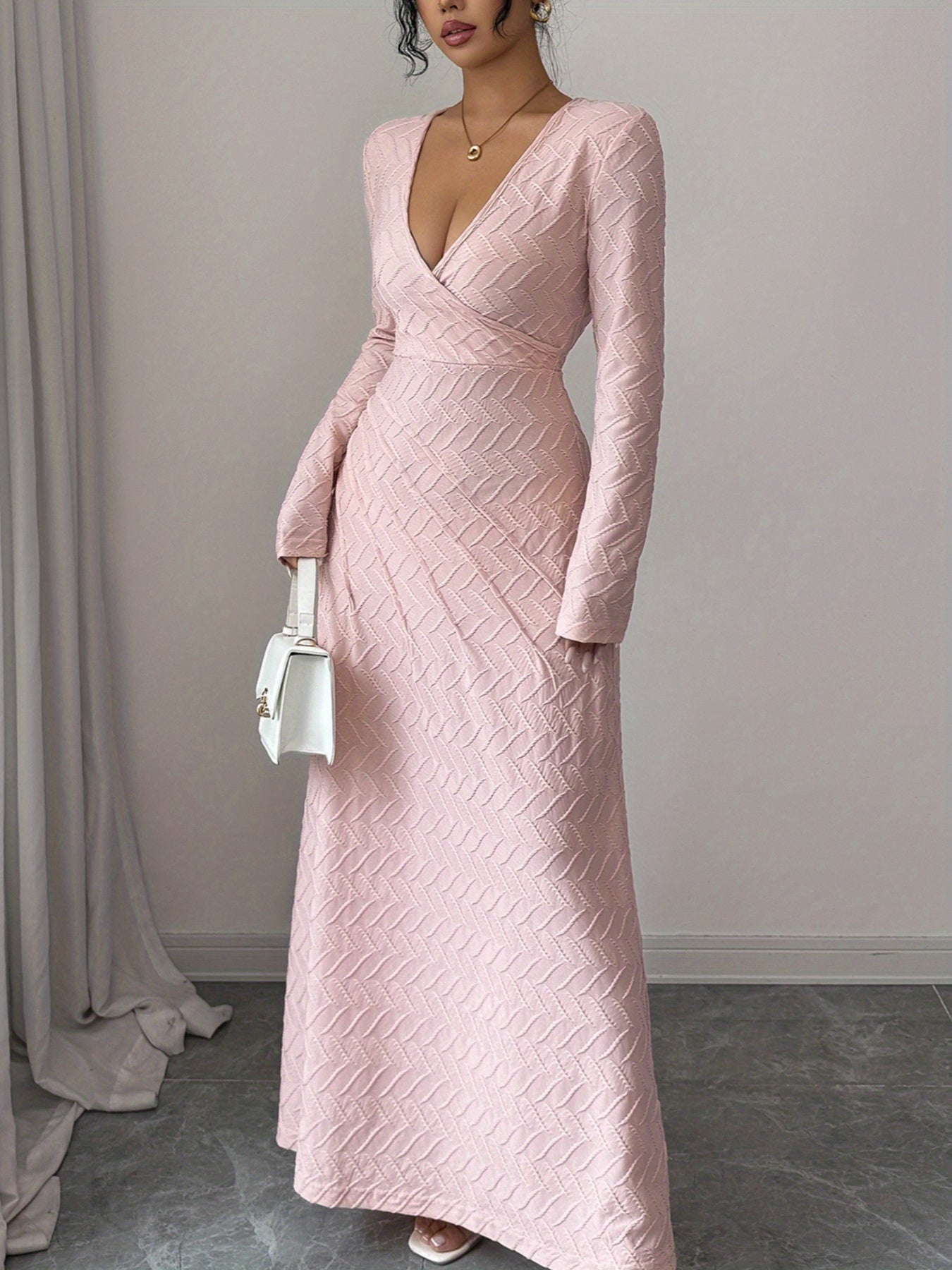 Women's Elegant V-Neck Long Sleeve A-Line Dress - Slim Fit Formal Gown with Cinched Waist, -Length Party Wedding Prom Dress, Machine Washable for all-Season Wear (No alterations needed)