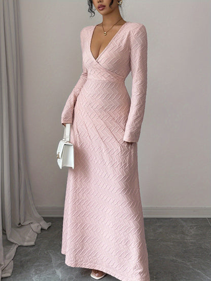 Women's Elegant V-Neck Long Sleeve A-Line Dress - Slim Fit Formal Gown with Cinched Waist, -Length Party Wedding Prom Dress, Machine Washable for all-Season Wear (No alterations needed)