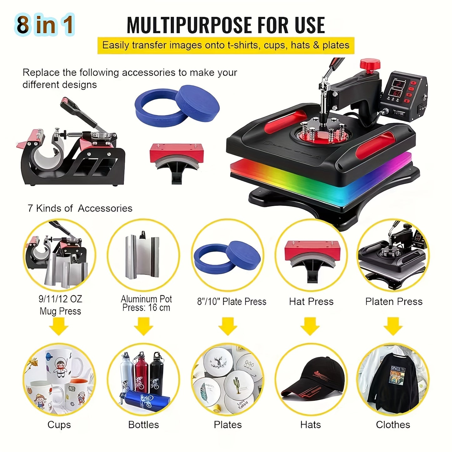 8in 1 Heat Press Machine Multifunctional, 15"x12" T Shirt Press Machine, 360° Rotation Shirt Press Machine Sublimation Heat Transfer for T Shirts Mug Hat Plate