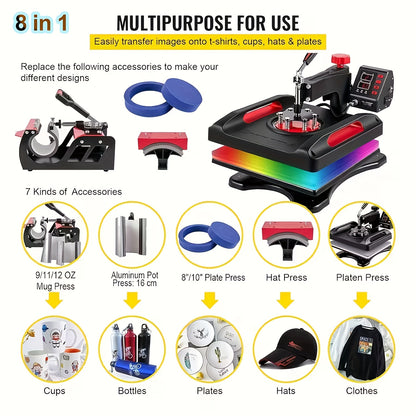 8in 1 Heat Press Machine Multifunctional, 15"x12" T Shirt Press Machine, 360° Rotation Shirt Press Machine Sublimation Heat Transfer for T Shirts Mug Hat Plate