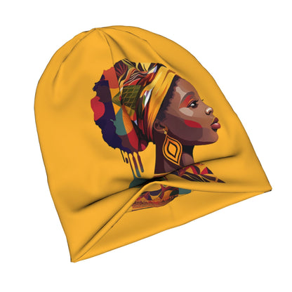 African Woman Print Beanie Hat - Vibrant Mustard Yellow with Colorful Geometric Patterns, Unisex Stretchy Knit Cap for Men & Women, Fashionable Cultural Design for Casual & Festive Occasions, Stylish Headgear, Modern Chic Hat