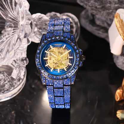 1pc Youth Men's Yellow Blue Steel Band Gorgeous Elegant Automatic Skeleton Tourbillon Mechanical Watch, Men's Fashion Accessory, Luxury Timepiece, Skeleton Dial Design, Elegant Timepiece, Automatic Movement, Durable Construct