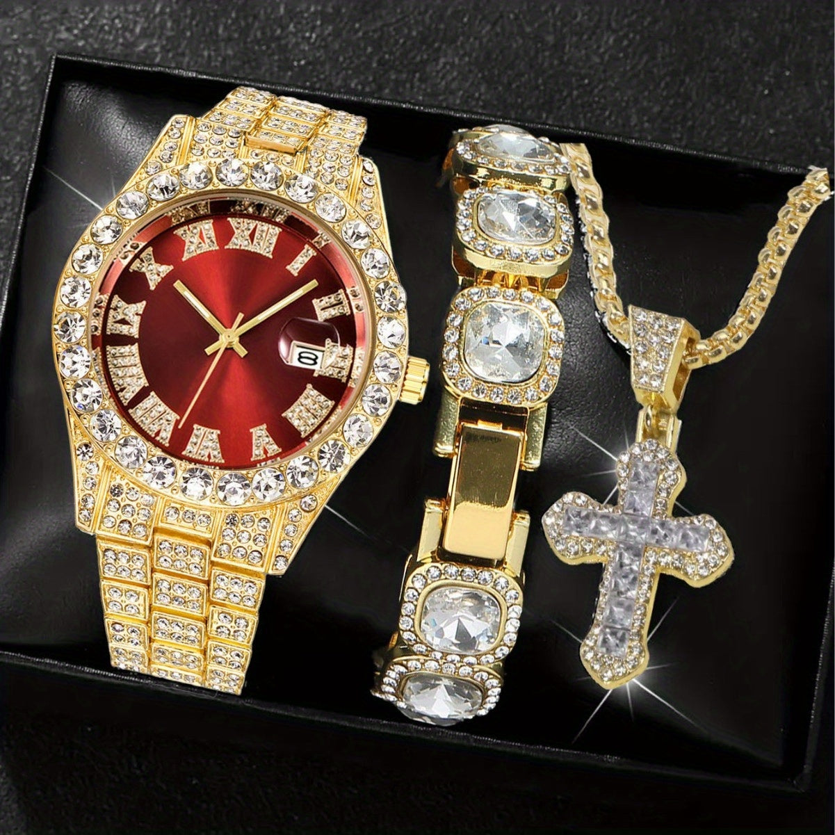 [Men's Watch Set] Luxury Men's Watch Set, Including Artificial Gemstone Bracelet and Cross Necklace, Roman Numeral Watch, Inlaid with Artificial Rhinestones, Perfect Gift for Men, Party Essentials