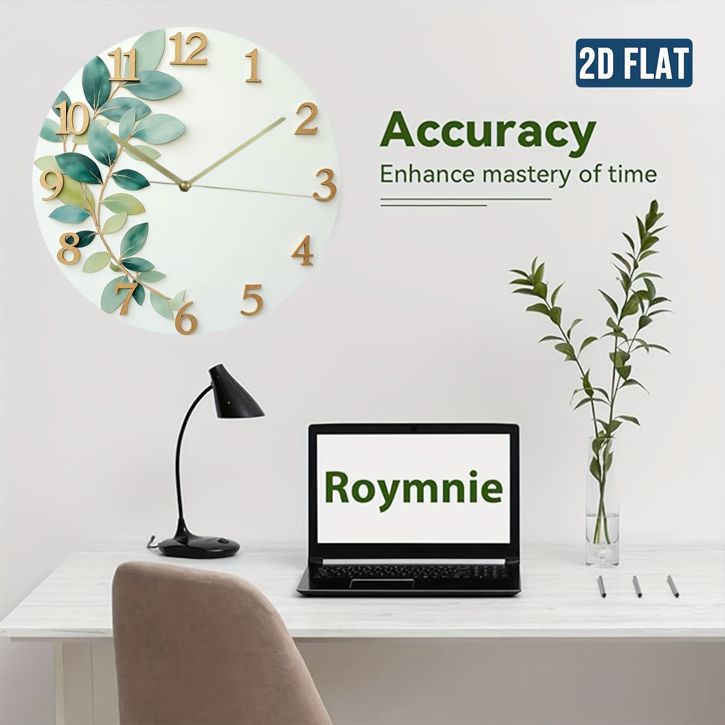 2D Flat Green Leaf Theme Design, Silent Wall Clock for Home Living Room Creative Fashionable Bedroom Hanging Clock Without Battery, 2D Flat