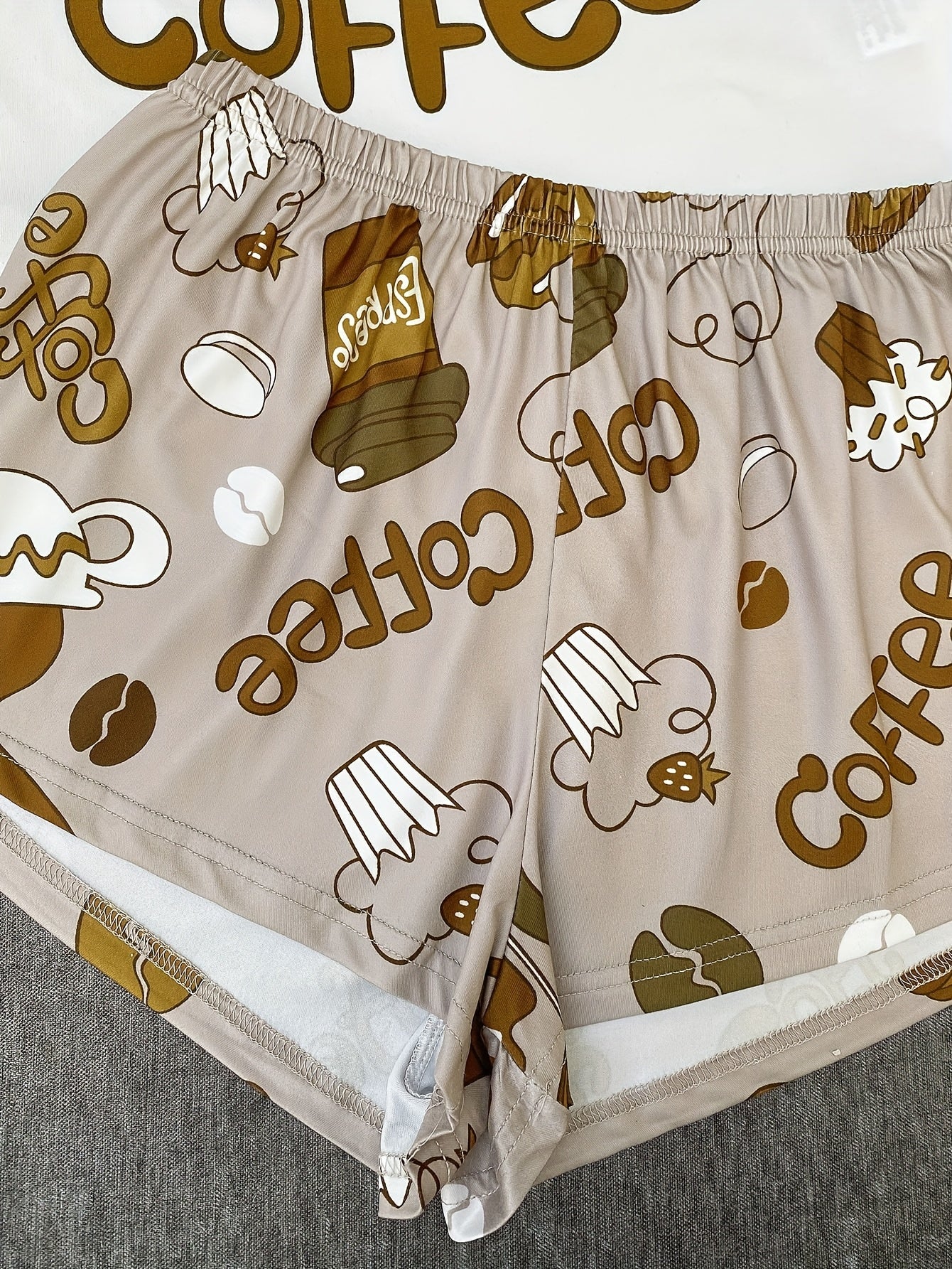 Women's Pajama Set with Milk Tea Cartoon Print, Polyester, Suitable for All Seasons, Casual Round Neck Comfortable Home Wear