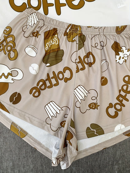 Women's Pajama Set with Milk Tea Cartoon Print, Polyester, Suitable for All Seasons, Casual Round Neck Comfortable Home Wear