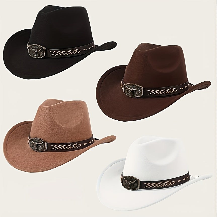 3pcs Unisex Western Cowboy Hats - Wide Brim Sun Protection, Metal Bull Head Buckle & Braided Faux Belt, Vintage Style for Outdoor Riding, Hiking, Rodeo (Black/Brown/White) | Classic Cowboy Style | Faux Fabric