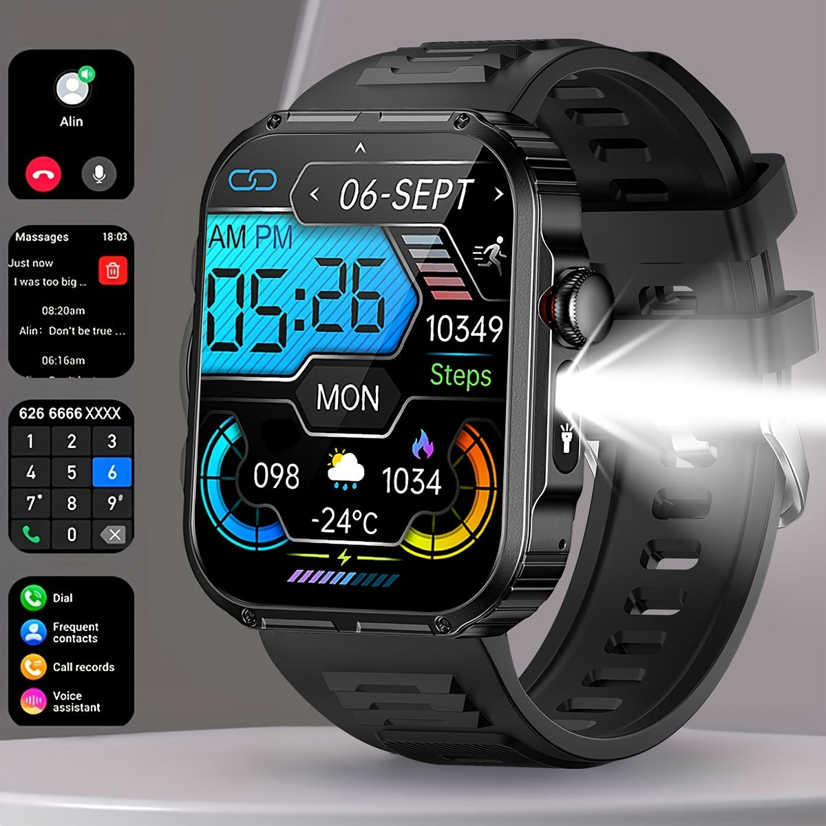 Wireless Calling Smartwatch, 2.02-inch 240P Resolution, Life, Wireless 5.3 Calls, Message Real-Time Alerts, Sedentary, Drinking Water, Alarm Clock Reminder, Accurate Exercise Data Recording, Built-in Flashlight, Multi-mode Co