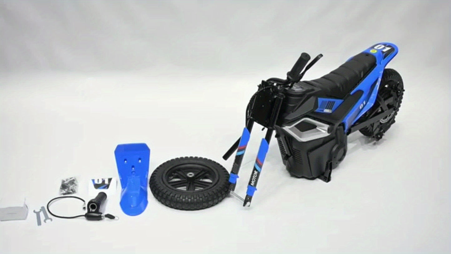 24V 350w Kids Ride On Motorcycle, 13.6MPH Max Speed, Mini Dirt Bike with Rear Wheel Suspension, Music, 12 Miles Range, Twist Grip Throttle, Seats, Blue