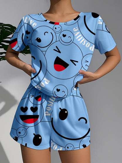 Women's Pajamas Women's Casual Sleepwear Happy Theme Patterned Pajama Set, Soft Loose Fit Short Sleeve Top with Elastic Pants, Machine Washable and Dry Cleanable, Perfect Sleeping Choice