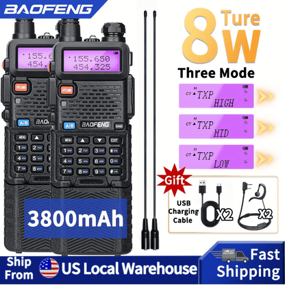Baofeng 8W High Power Amateur Radio Full Set - Dual Band VHF/UHF Walkie Talkie with 3800mAh, AR-771 High Gain Antenna & Headphone System, Long Range Two-Way Radio for Ham Operators,, Emergency, ()