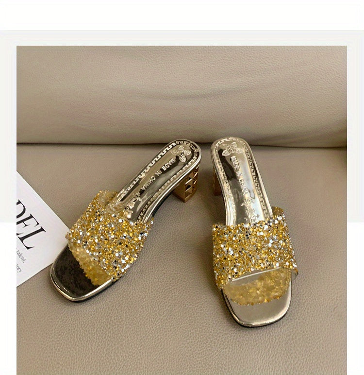 Women'S Chunky Heel Sandals - Slip-On Open-Toe High Heels with Ankle Strap, Golden Glamorous Party Shoes for Formal Events, Weddings, Nightouts - Cushioned Insole & Non-Slip PVC Sole - Available in Wide Widths (Women'S Summer