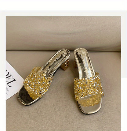 Women'S Chunky Heel Sandals - Slip-On Open-Toe High Heels with Ankle Strap, Golden Glamorous Party Shoes for Formal Events, Weddings, Nightouts - Cushioned Insole & Non-Slip PVC Sole - Available in Wide Widths (Women'S Summer