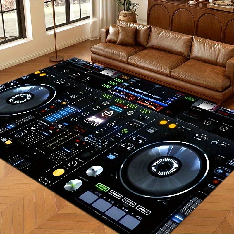Large Non-Slip Floor Mat Mat - DJ Turntable Design -Slip Living Room Bedroom Bathroom Mat, Machine Washable Indoor/Outdoor Mat for Home Studio, Parties, Gym - Black Background with DJ Controls Graphic