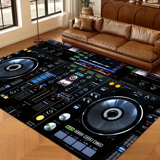 Large Non-Slip Floor Mat Mat - DJ Turntable Design -Slip Living Room Bedroom Bathroom Mat, Machine Washable Indoor/Outdoor Mat for Home Studio, Parties, Gym - Black Background with DJ Controls Graphic