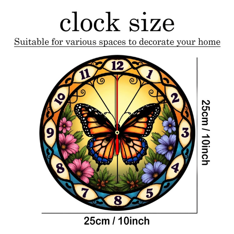 1pc Stained Glass Butterfly Suncatcher Wall Clock - 10 Inch Round Silent Non-Ticking Battery-Powered (AA Not Included) with Easy-to-Read Numerals, Multicolor (Orange/Pink/Purple/Green/Yellow) Floral Butterfly Design - Elegant