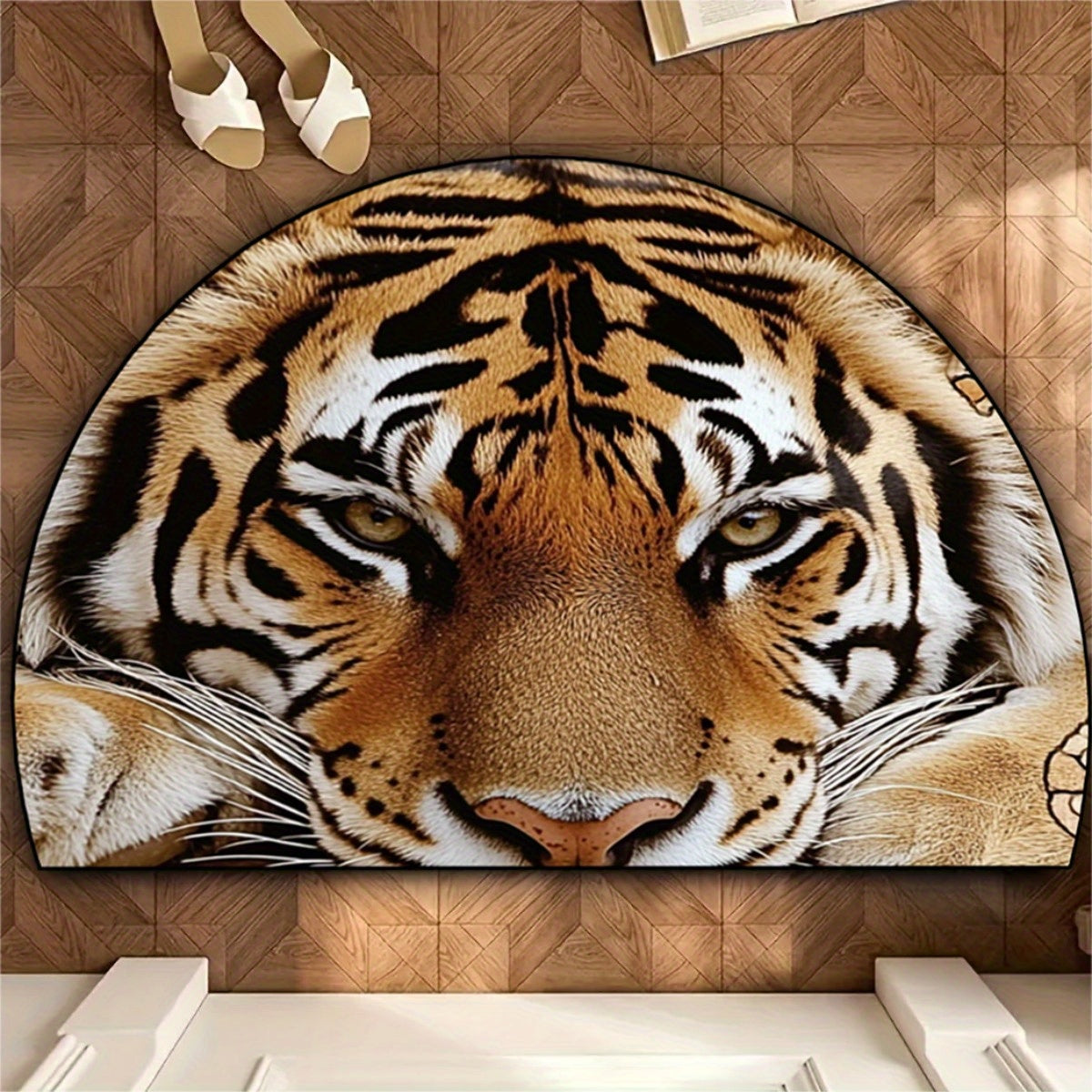 1pc Realistic Tiger Face Semi-Circle Door Mat - Non-Slip Backing, Hand Washable 100% Indoor Entry Mat for Bathroom, Living Room, Bedroom, Entryway - Reusable Semi-Circular Floor