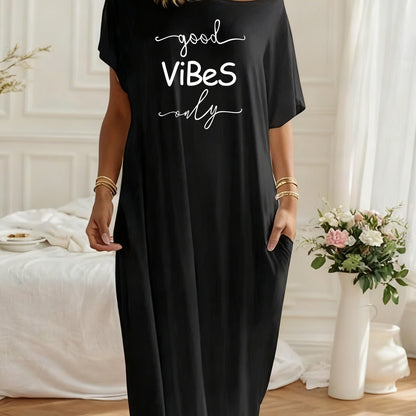 Women's Off-Shoulder Loose Maxi Dress Good Vibes Only Print Casual Comfortable Pocket Loungewear Nightgown