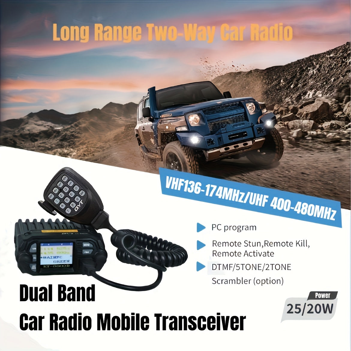 QYT Dual Band VHF/UHF 12V High-Power Mobile Transceiver Two-Way Radio with Remote Kill/Activate, PC Programming, Cigarette Lighter Power & No Battery Required - 136-174MHz & 400-480MHz for General Driving Positions