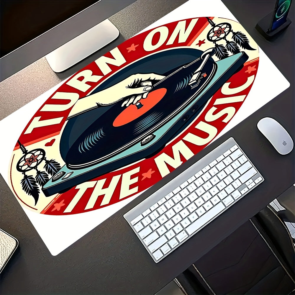 1pc Music-Themed Gaming Mouse Pad & Desk - Vinyl Record & DJ Turntable Design with "Turn On The Music" Slogan, Non-Slip Rubber Base, Full Keyboard & Mouse Coverage for PC/Laptop, Durable Thick Surface for E-Sports, DJ Setup,
