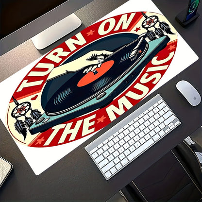 1pc Music-Themed Gaming Mouse Pad & Desk - Vinyl Record & DJ Turntable Design with "Turn On The Music" Slogan, Non-Slip Rubber Base, Full Keyboard & Mouse Coverage for PC/Laptop, Durable Thick Surface for E-Sports, DJ Setup,