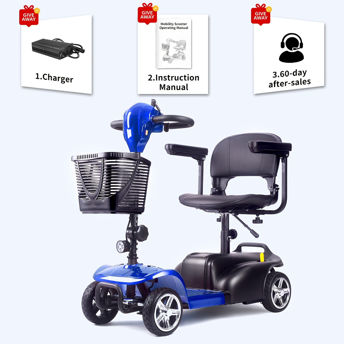 Adult And Mobility Scooter: 250W Four-wheel Foldable Scooter with A Speed Of 6 Mph, 24V 13Ah A Range Of 15 Miles, A 360° Swivel Seat, A Removable Shopping Basket And LED Headlights.