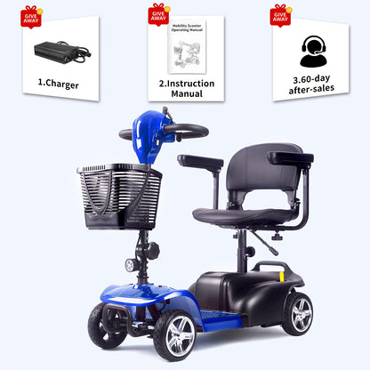 Adult And Mobility Scooter: 250W Four-wheel Foldable Scooter with A Speed Of 6 Mph, 24V 13Ah A Range Of 15 Miles, A 360° Swivel Seat, A Removable Shopping Basket And LED Headlights.