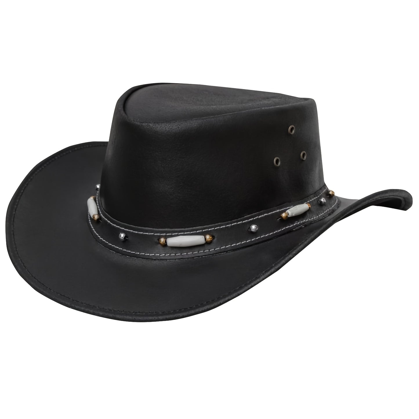 Black Leather Cowboy Hat for Men & Women - Shapeable Wide Brim, Aussie Style Leather Hat - Western Australian Outback Hat - For Outdoor Activities & Western Events - Perfect Gift for Cowboys & Cowgirls