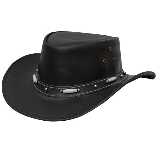 Black Leather Cowboy Hat for Men & Women - Shapeable Wide Brim, Aussie Style Leather Hat - Western Australian Outback Hat - For Outdoor Activities & Western Events - Perfect Gift for Cowboys & Cowgirls