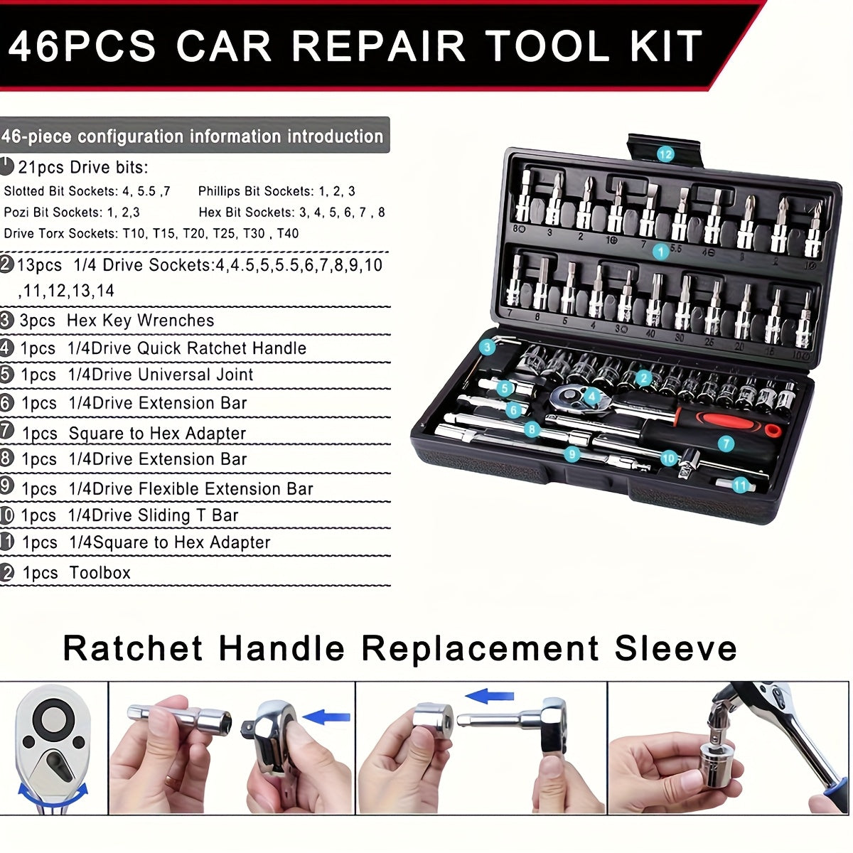 High-end Professional 45+1/215+1pc Tool Set, Auto/bicycle Repair Machinery Kit, 1/2 Inch *1/4 Inch 3/8 Inch Drive Depth And Standard Wrench Set, Race-grade Auto Parts Repair Ratchet Wrench And Other Auto Repair Accessories To