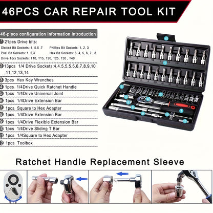 High-end Professional 45+1/215+1pc Tool Set, Auto/bicycle Repair Machinery Kit, 1/2 Inch *1/4 Inch 3/8 Inch Drive Depth And Standard Wrench Set, Race-grade Auto Parts Repair Ratchet Wrench And Other Auto Repair Accessories To