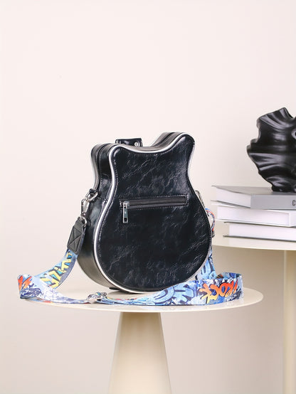 Women's & Unisex Y2K Retro Music-Themed Bass Guitar-Shaped Crossbody Bag with Detachable Strap, Golden-Tone Hardware & Zipper Closure - Band Style Handbag for Musicians & Music Lovers (Red/Black) - 2024 New Design with Chain