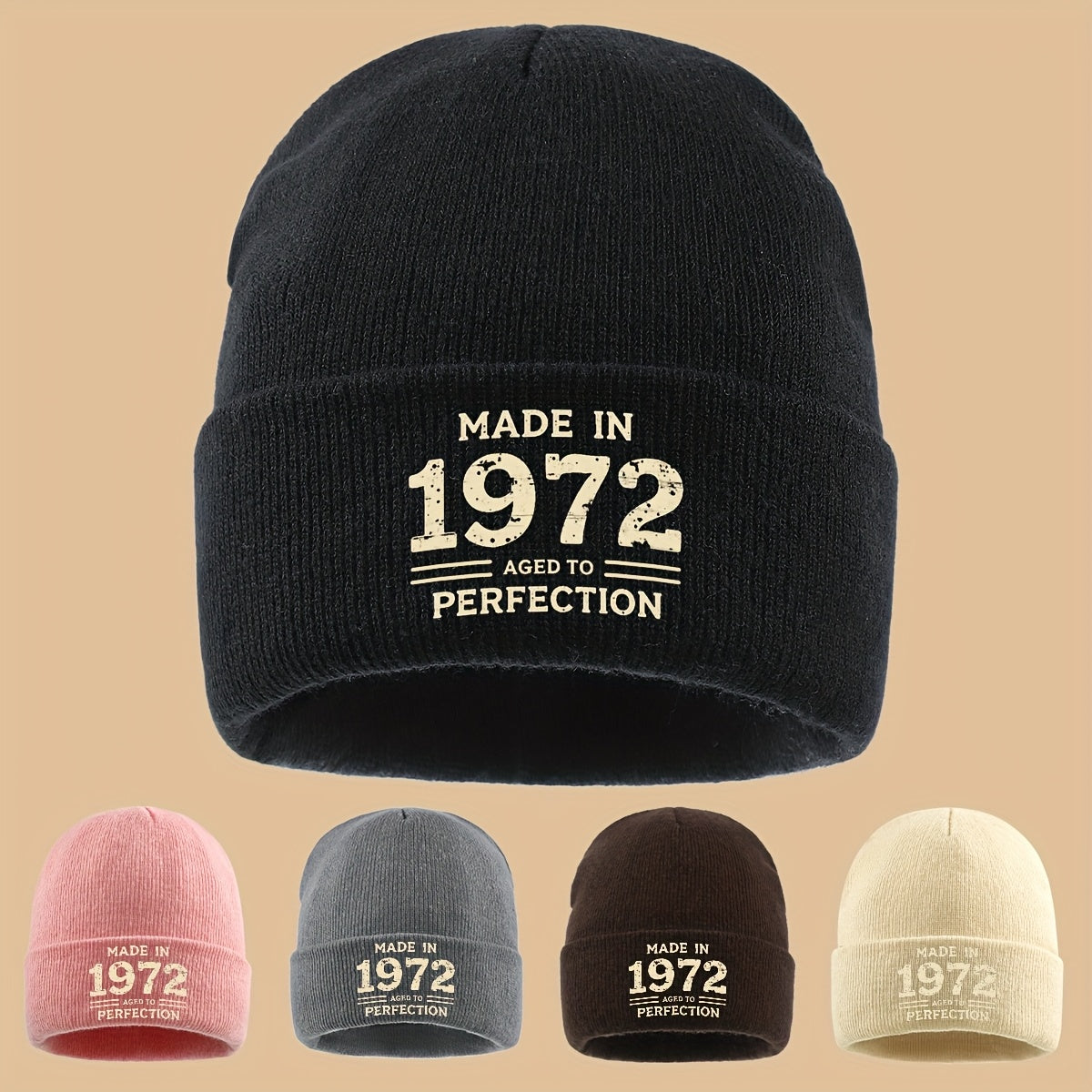Men Women Loose Comfortable Solid Color Slouchie - 1pc "MADE IN 1972 AGED to PERFECTION" Print Beanie - Street Trendy Skull Cap for Autumn and Winter - Warm Elastic Brimless Hat - Outdoor Activities Cold Weather Suitable - Sk