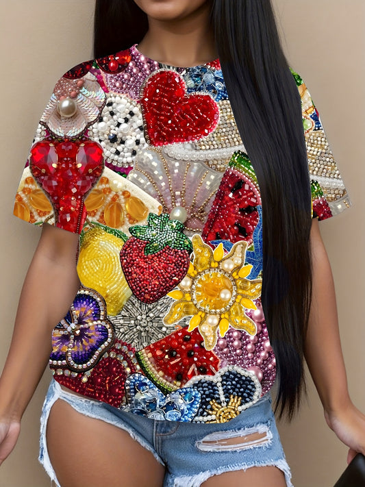 Casual And Stylish Women'S Round Neck T-Shirt Featuring a Vibrant Strawberry Flower Print, Perfect for Spring And Summer. These Comfortable Tops Are Designed for Daily Wear, Making Them a Fashionable Choice for Those Who Love