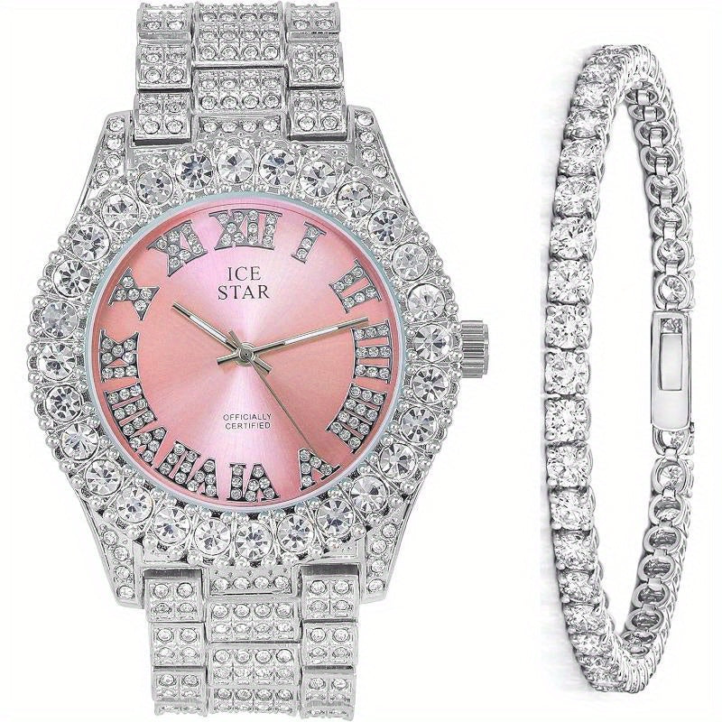 Womens Iced Solitaire Bezel Watch & Tennis Bracelet Set, 44mm Case, Women'S Jewelry Set, Gift for Her, Luxury Accessories, Sophisticated Style, Chic Design, Durable Bracelet, Highquality Jewelry, Matching Set, Bracelet And Wa