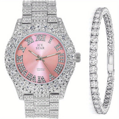 Womens Iced Solitaire Bezel Watch & Tennis Bracelet Set, 44mm Case, Women'S Jewelry Set, Gift for Her, Luxury Accessories, Sophisticated Style, Chic Design, Durable Bracelet, Highquality Jewelry, Matching Set, Bracelet And Wa