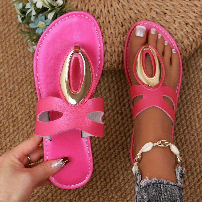 Women'S Roman Sandals with Metallic Buckle Strap - Slip-On Open-Toe Flat Sandals, PU Synthetic Cover Upper & Sole, Comfortable Casual Shoes for Casual Attire, Strappy Sandals, Everyday Footwear, Durable Footwear, Stylish Foot